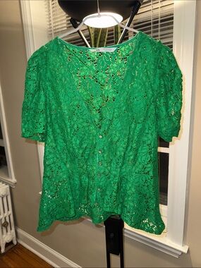 ZARA Emerald Green Lace Crystal Button-Short-Sleeve Top
